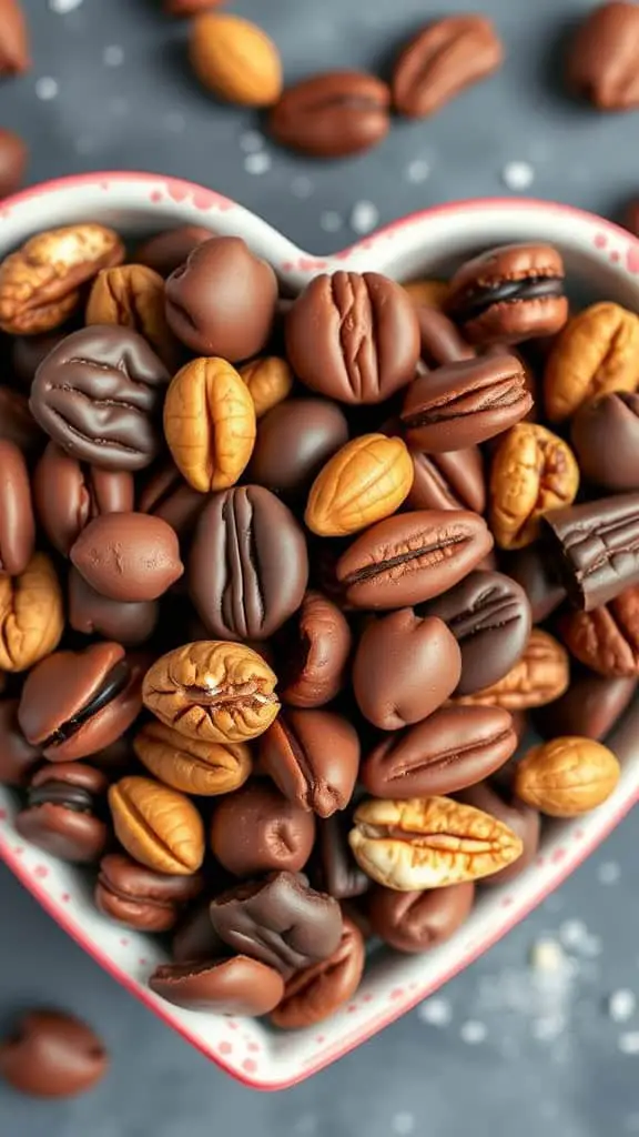 A heart-shaped bowl filled with assorted chocolate-covered nuts.