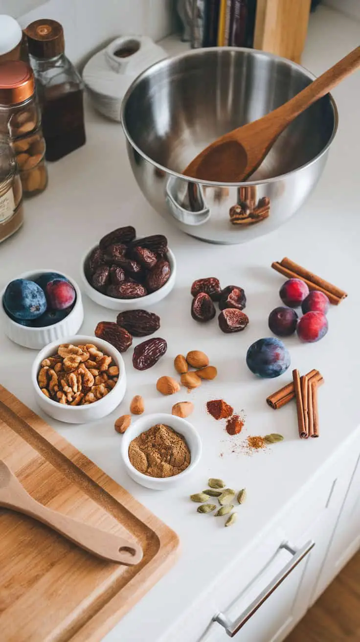 Ingredients laid out for a healthy eggless Christmas plum cake including dried fruits, nuts, and spices.