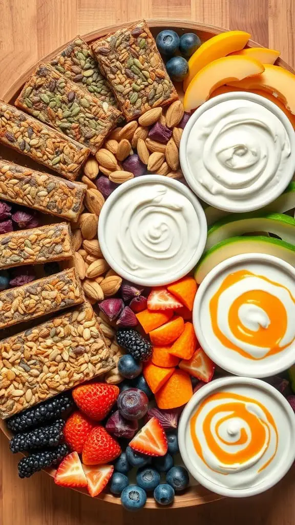 A vibrant Healthy Energy Booster Platter featuring granola bars, yogurt, a variety of fresh fruits, and nuts.