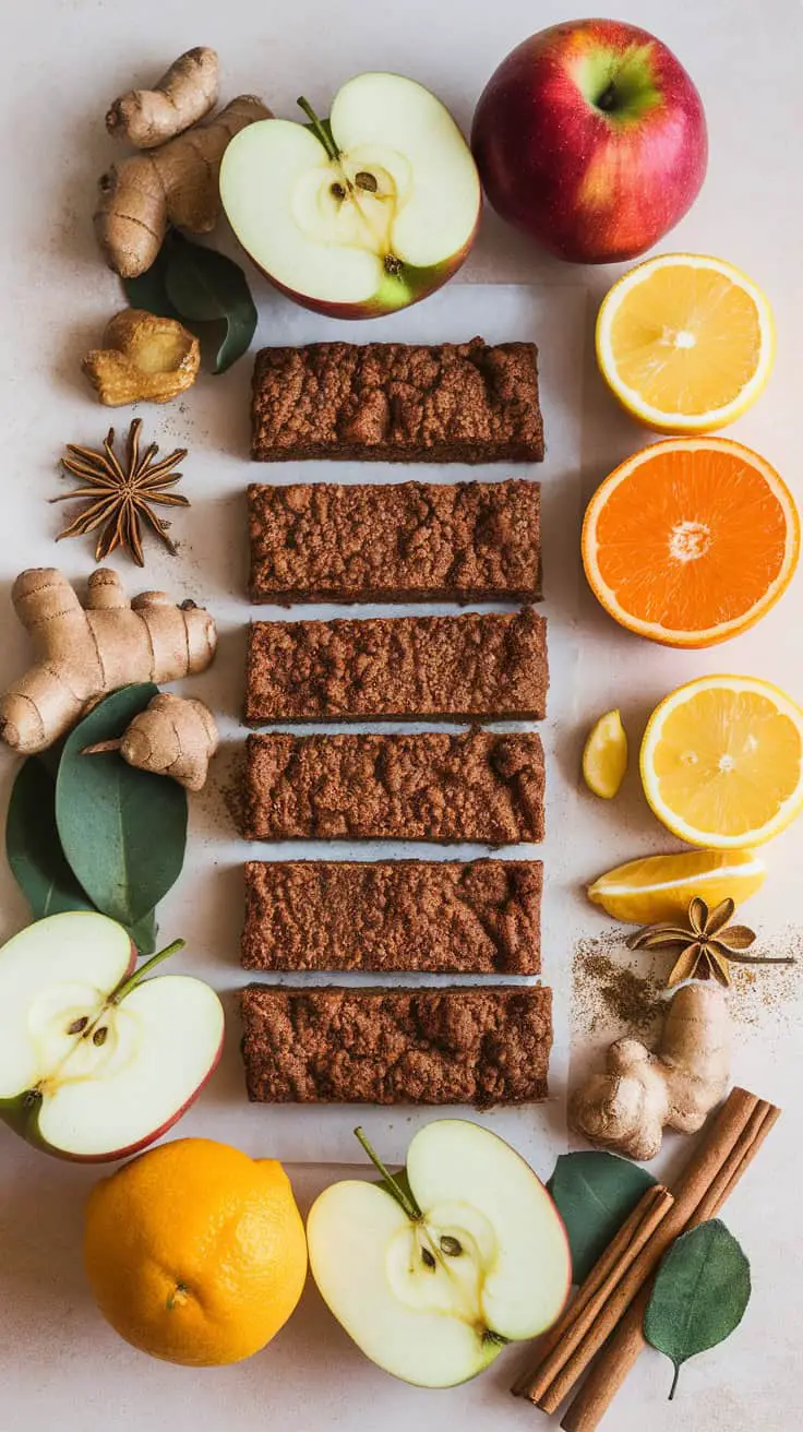 Gingerbread cookie bars surrounded by apples, oranges, lemons, ginger, and cinnamon sticks