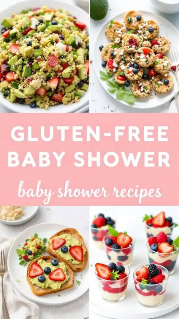 A colorful display of healthy gluten-free baby shower recipes including a salad, mini snacks, avocado toast, and layered yogurt cups.