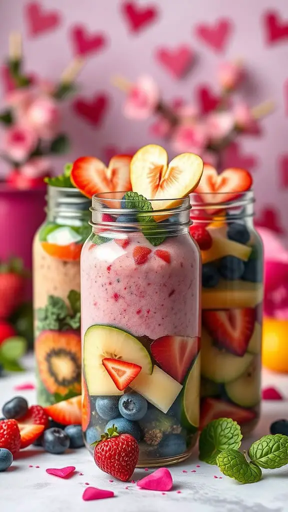 Colorful smoothie jars filled with fresh fruits and layered ingredients, decorated with heart-shaped elements.