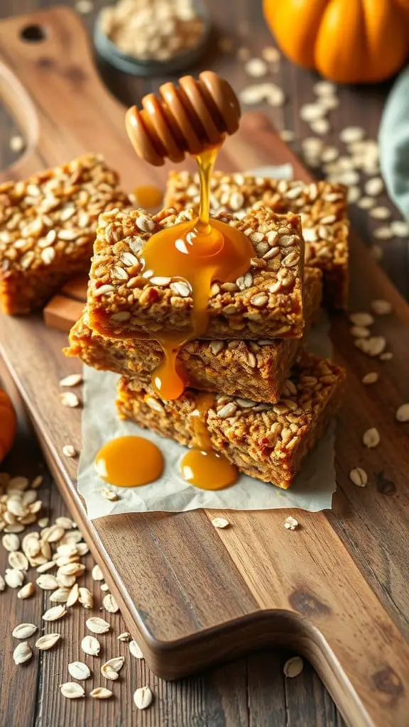 A stack of healthy oatmeal pumpkin bars drizzled with honey on a wooden board, surrounded by oats and a small pumpkin.