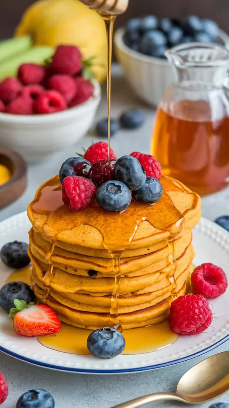 A stack of fluffy pumpkin pancakes topped with fresh berries and drizzled with maple syrup.