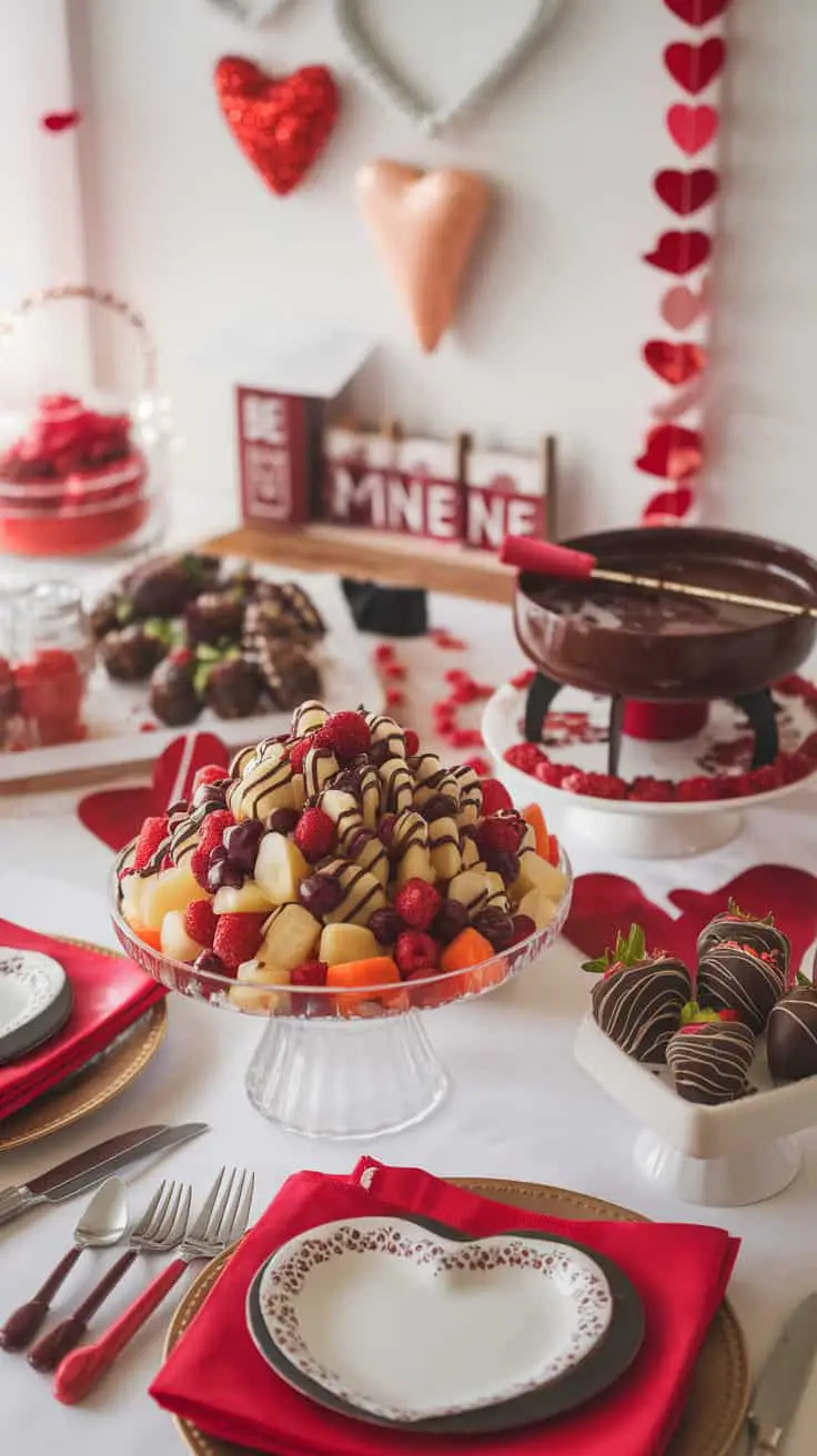 A festive table setting with healthy Valentine's treats including a fruit salad, chocolate-covered strawberries, and a fondue pot.