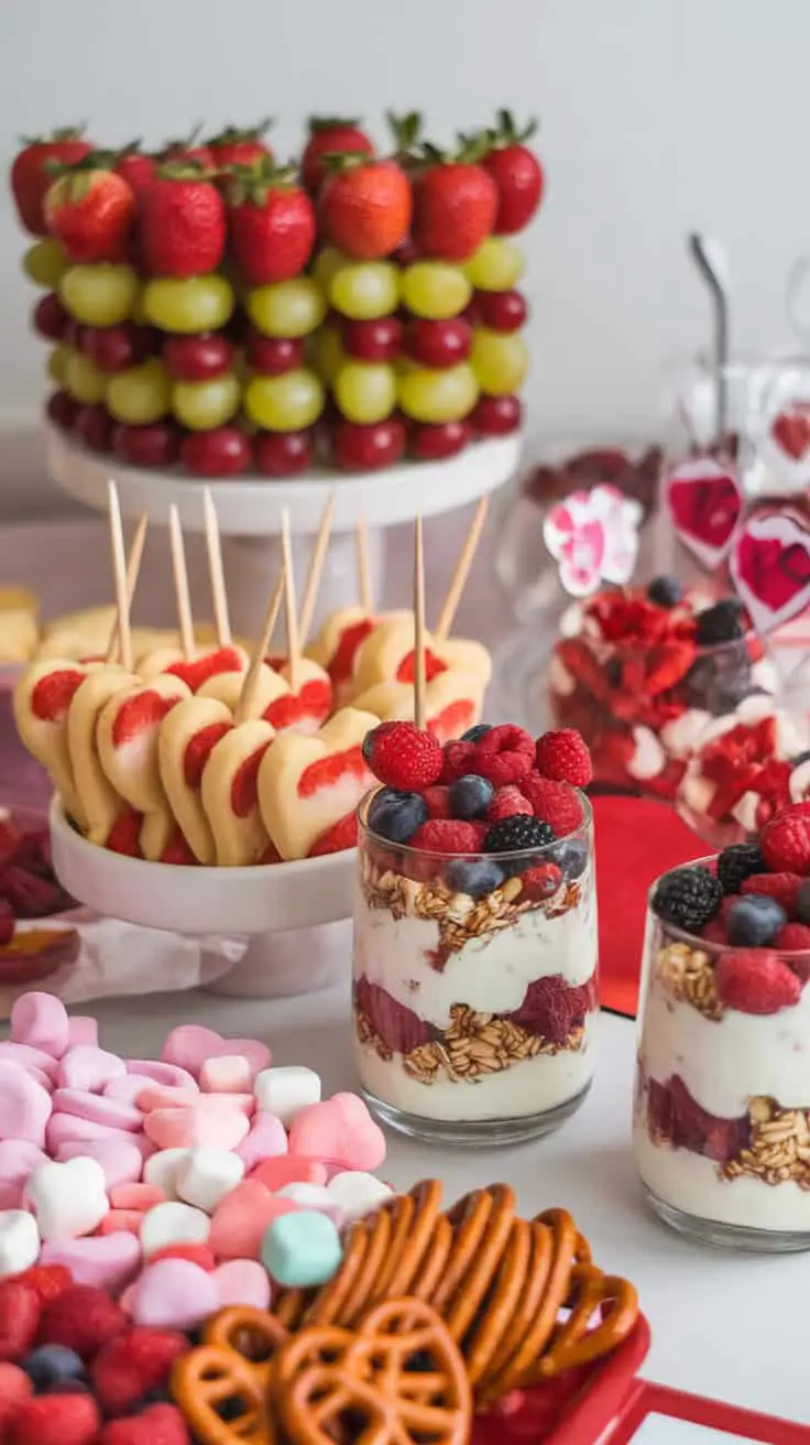 A colorful display of healthy Valentine's treats, including fruit skewers, heart-shaped cookies, and parfaits with berries.