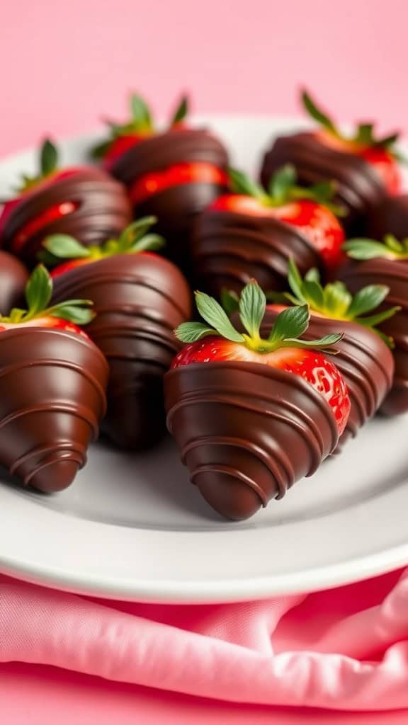 A plate of chocolate-dipped strawberries on a pink background