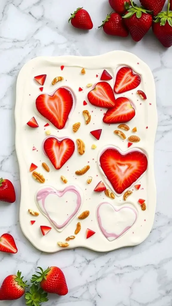 A delicious heart-shaped strawberry yogurt bark with fresh strawberries and nuts on a marble surface.