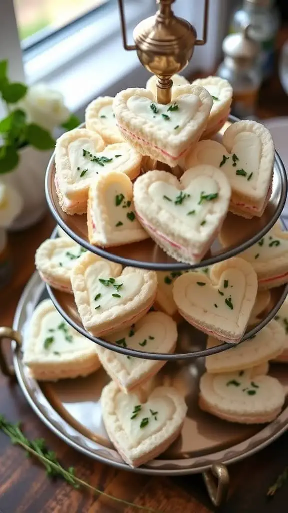 A tiered stand filled with heart-shaped cucumber sandwiches, garnished with herbs.