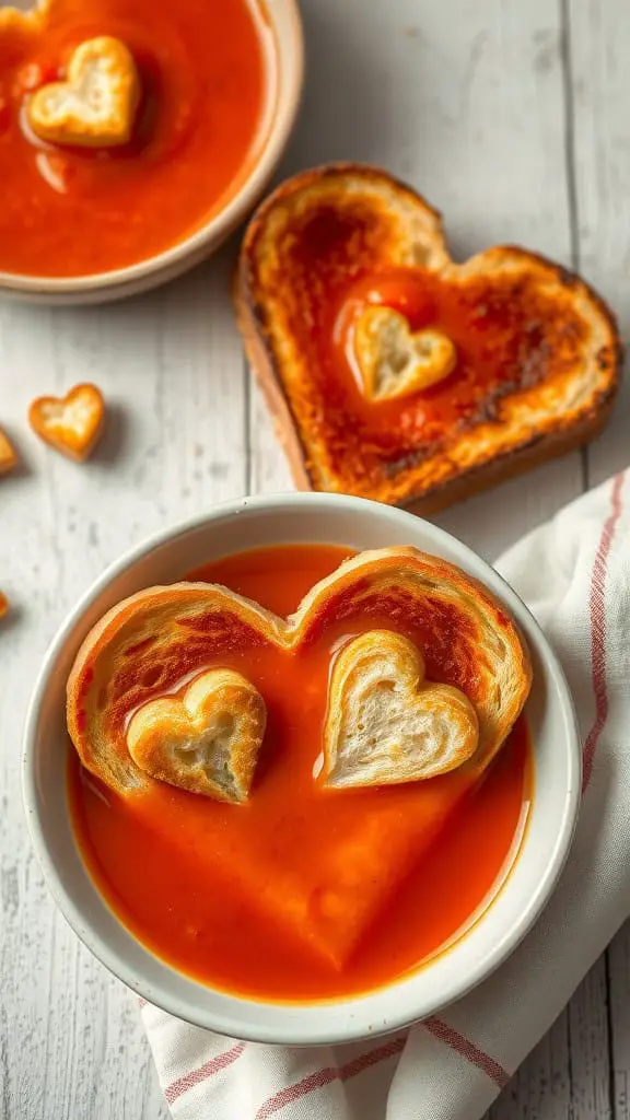 Heart-shaped grilled cheese and tomato soup with heart-shaped croutons