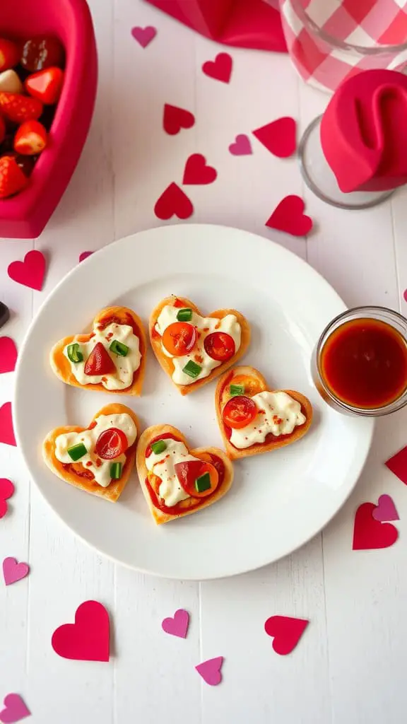 A plate of heart-shaped mini pizzas with toppings, surrounded by pink heart decorations.