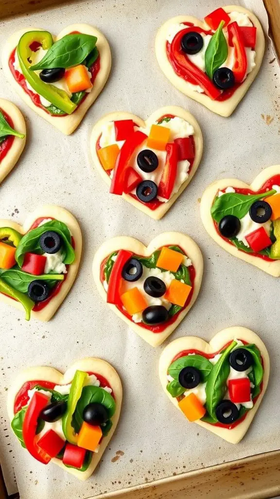 Heart-shaped veggie pizzas topped with colorful vegetables on a baking tray.