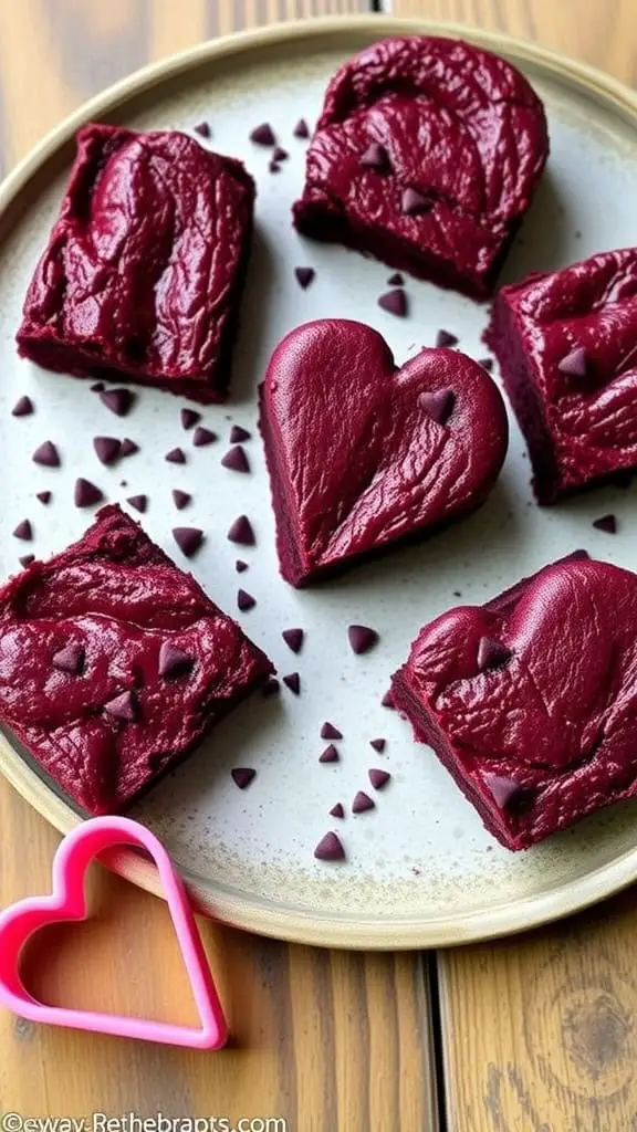 A plate of beetroot brownies shaped like hearts, with chocolate chips sprinkled around.