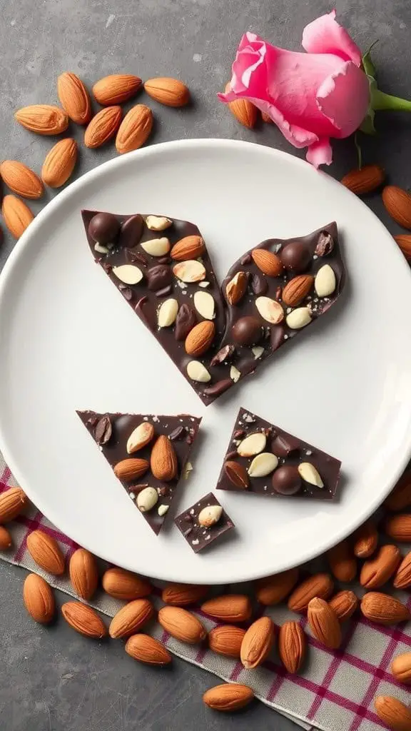 Heart-shaped dark chocolate almond bark on a plate, surrounded by almonds and a pink rose.