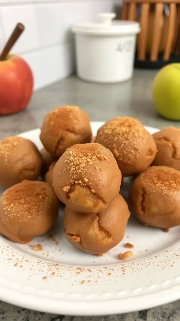 A plate of apple cinnamon bites, sprinkled with cinnamon, with a red apple and green apple in the background.