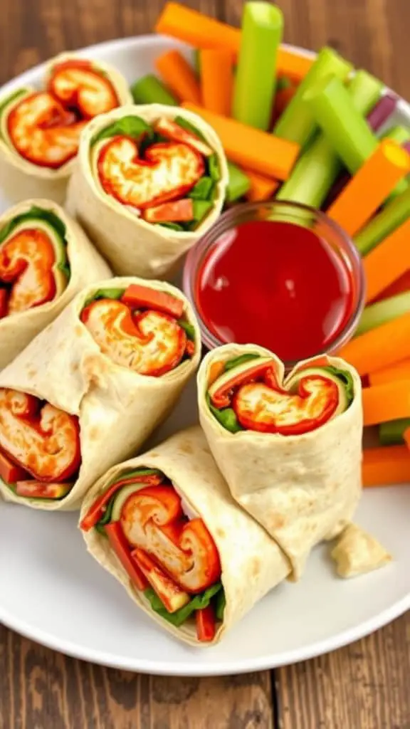 Plate of heart-shaped BBQ chicken wraps with colorful veggie sticks and dipping sauce.