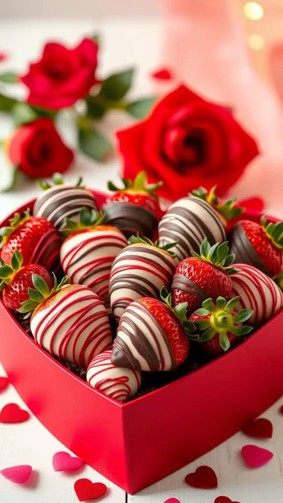 A heart-shaped box filled with chocolate-dipped strawberries in various designs, surrounded by red roses and heart decorations.