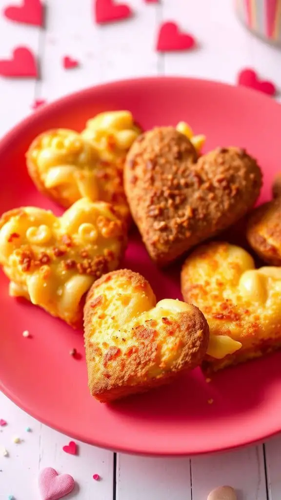 Heart-shaped mac and cheese bites on a pink plate, surrounded by small heart decorations.