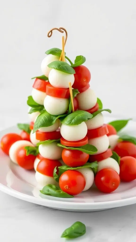 Caprese salad stacks made with cherry tomatoes, mozzarella balls, and basil, displayed on a plate.