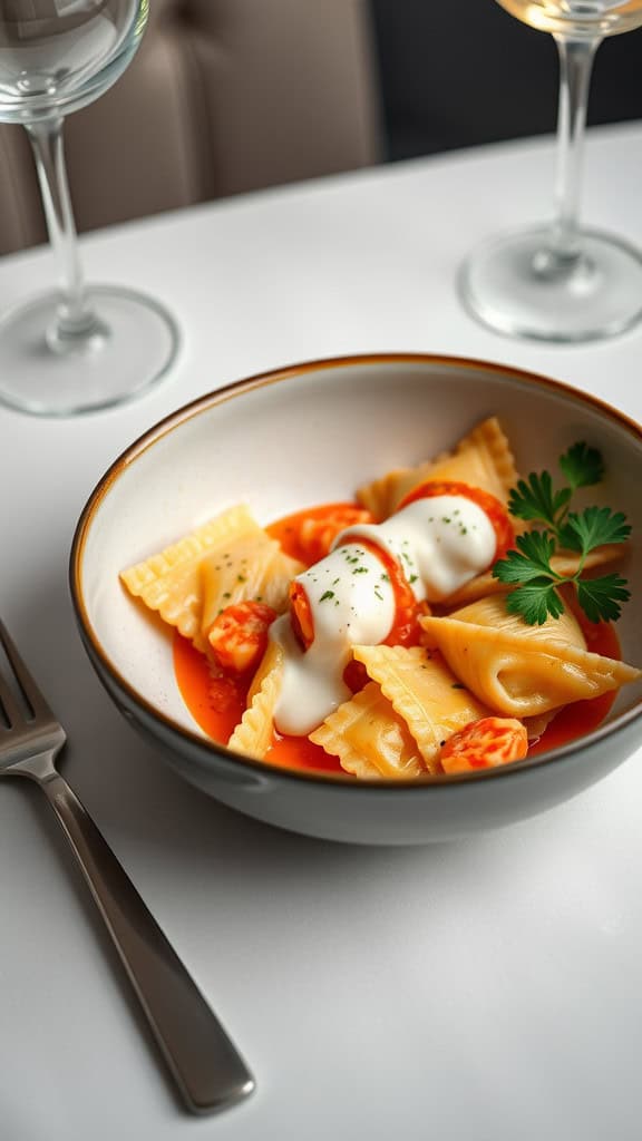 A bowl of lobster ravioli in tomato cream sauce garnished with parsley, accompanied by elegant wine glasses.