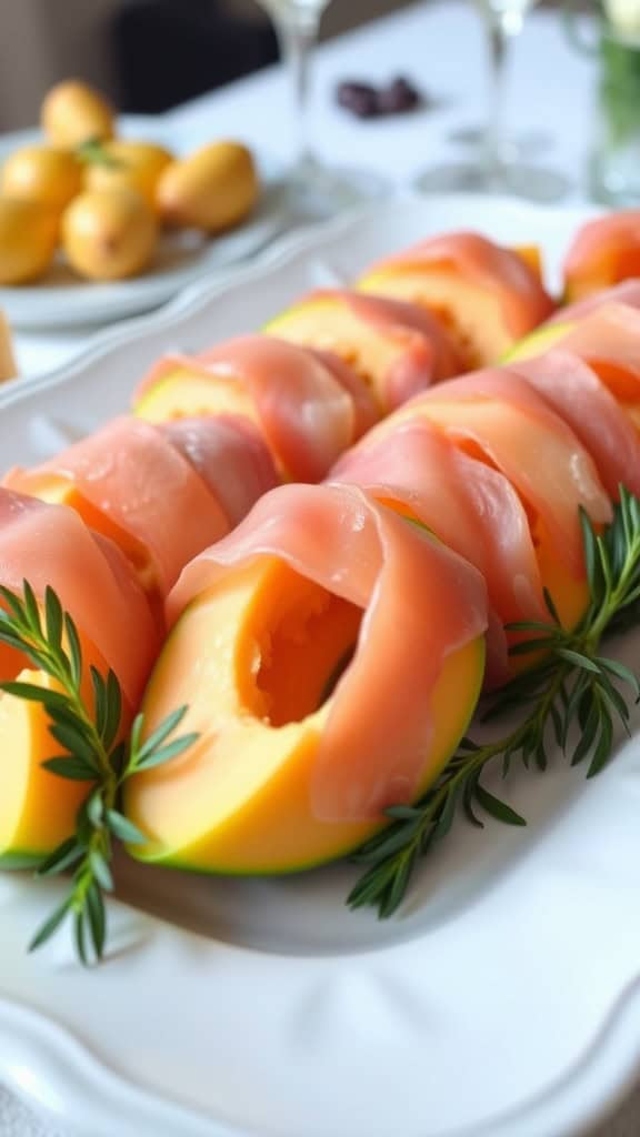 A platter of prosciutto-wrapped melon slices garnished with greenery.