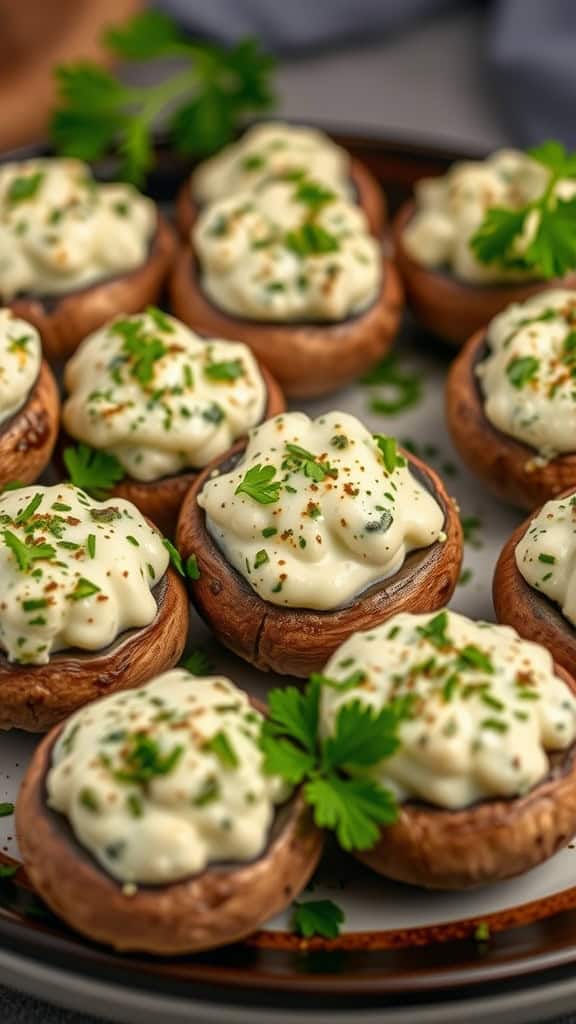 Delicious stuffed mushrooms topped with creamy filling and fresh herbs