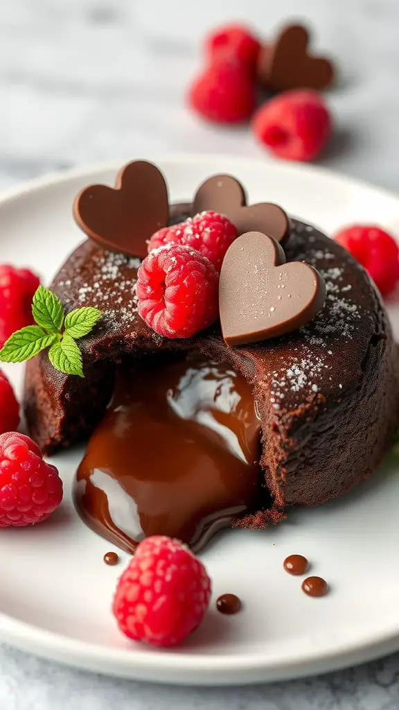 Chocolate lava cake with raspberry and heart-shaped chocolate decorations