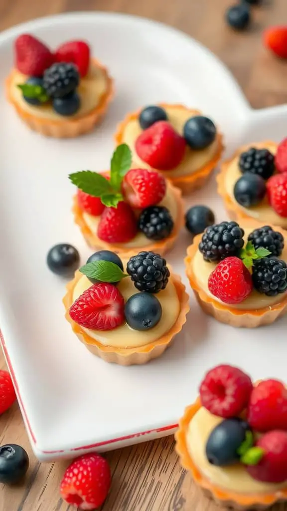 A plate of colorful berry tartlets topped with raspberries, blueberries, and blackberries, set on a heart-shaped dish.