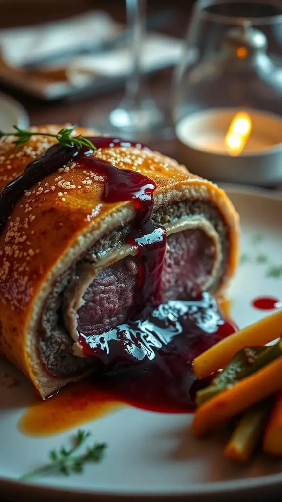 A beautifully plated Beef Wellington with red wine reduction, garnished with fresh thyme.