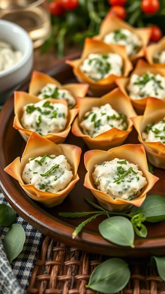 A plate of spinach dip cups garnished with herbs, perfect for appetizers.