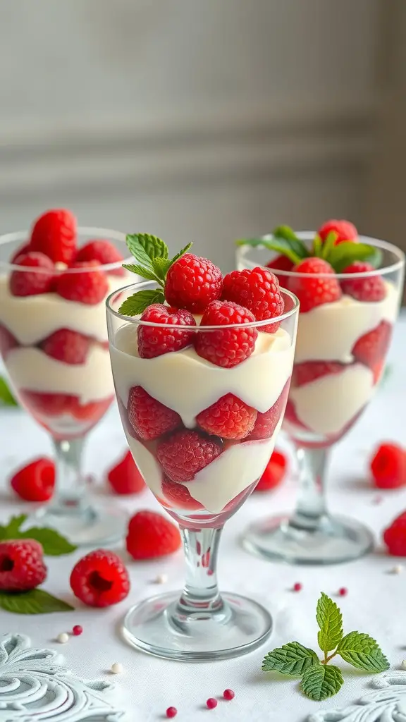 Three Raspberry White Chocolate Parfaits topped with fresh raspberries and mint leaves