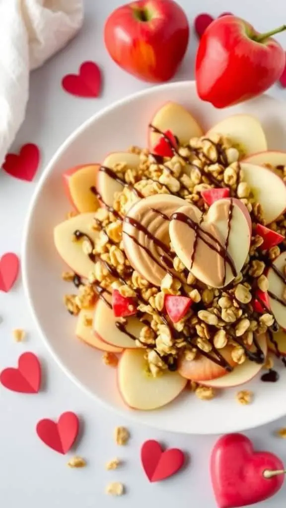 A plate of hearty apple nachos topped with granola, chocolate drizzle, and heart-shaped candies, with red apples and heart decorations in the background.