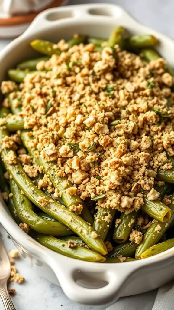 A dish of herb-crusted green bean casserole with green beans and a golden crumb topping