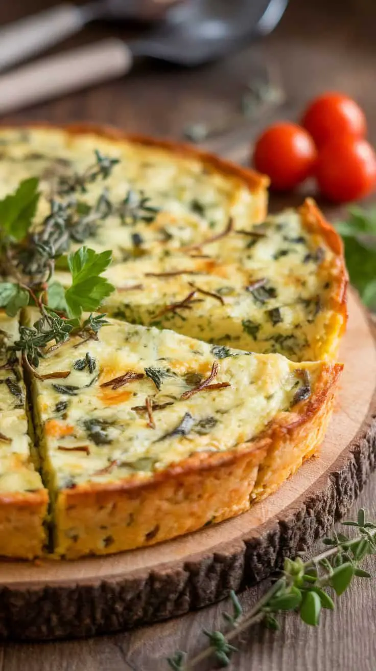 A sliced herb and cheese frittata on a wooden board, garnished with fresh herbs and cherry tomatoes.