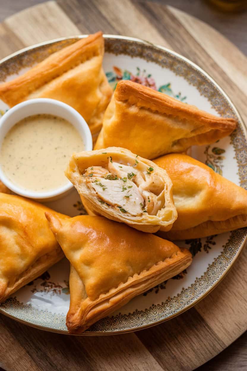 A plate of golden-brown herbed chicken and cheese puff pastry turnovers with a small bowl of dipping sauce.