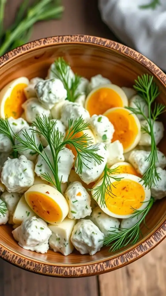 A bowl of herbed cottage cheese egg salad garnished with dill and sliced eggs.