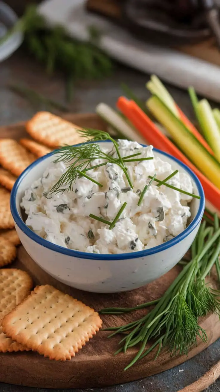 A bowl of herbed cottage cheese spread with crackers and colorful vegetable sticks