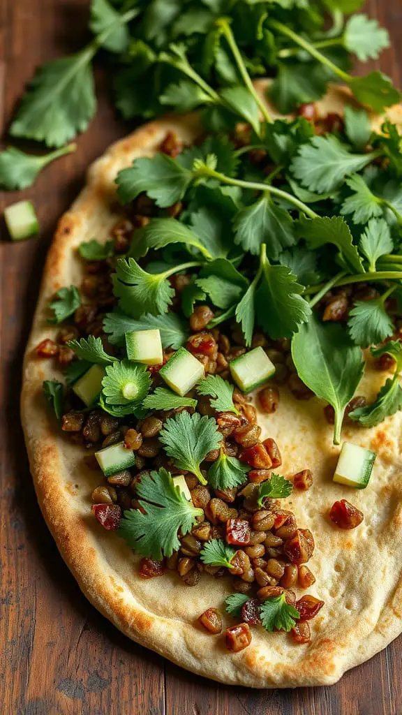 A close-up of herbed lentil flatbread topped with lentils, chopped cucumbers, and fresh cilantro, resting on a wooden surface.