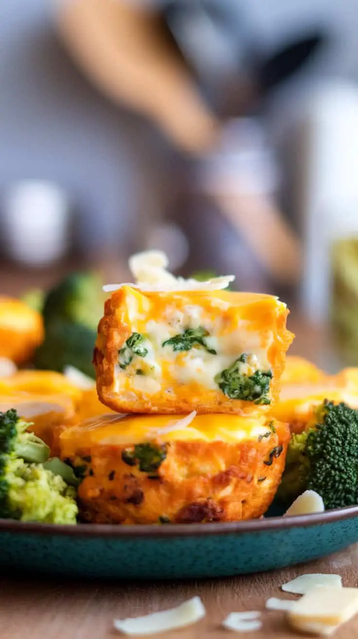 Delicious high-protein broccoli cheddar egg bites on a plate, featuring melted cheese and broccoli.