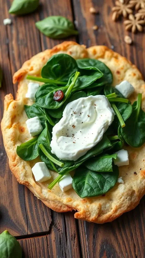A flatbread topped with fresh spinach and cottage cheese on a wooden table.