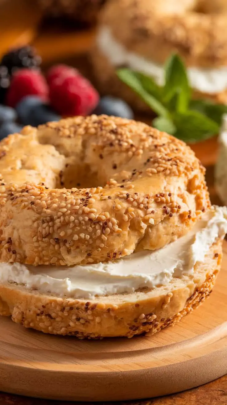 High-protein cottage cheese bagel with cream filling, surrounded by fresh berries