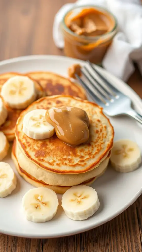 A plate of pancakes topped with banana slices and peanut butter