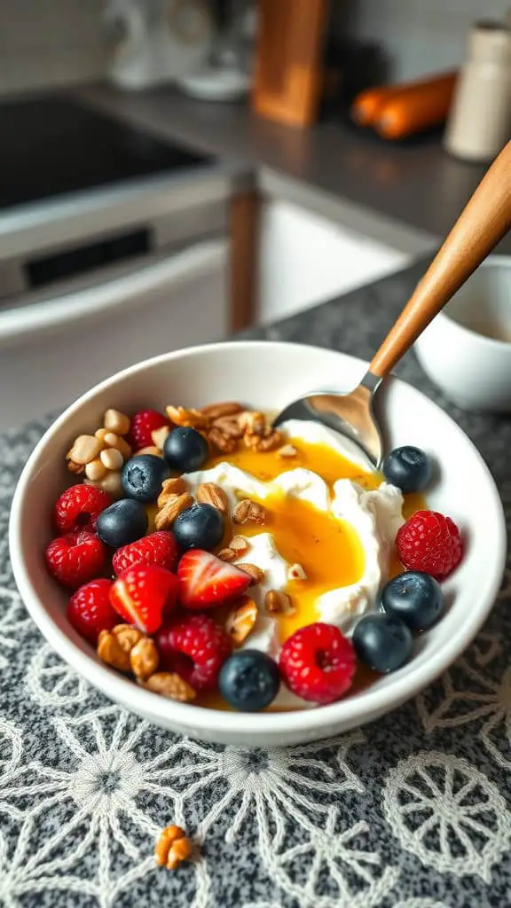 A bowl of cottage cheese topped with fresh berries, granola, and honey.