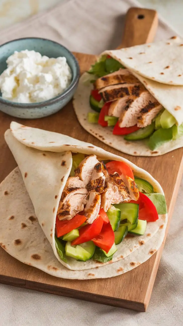 High-Protein Cottage Cheese Flatbread Wraps filled with grilled chicken and fresh veggies on a wooden board with cottage cheese on the side.