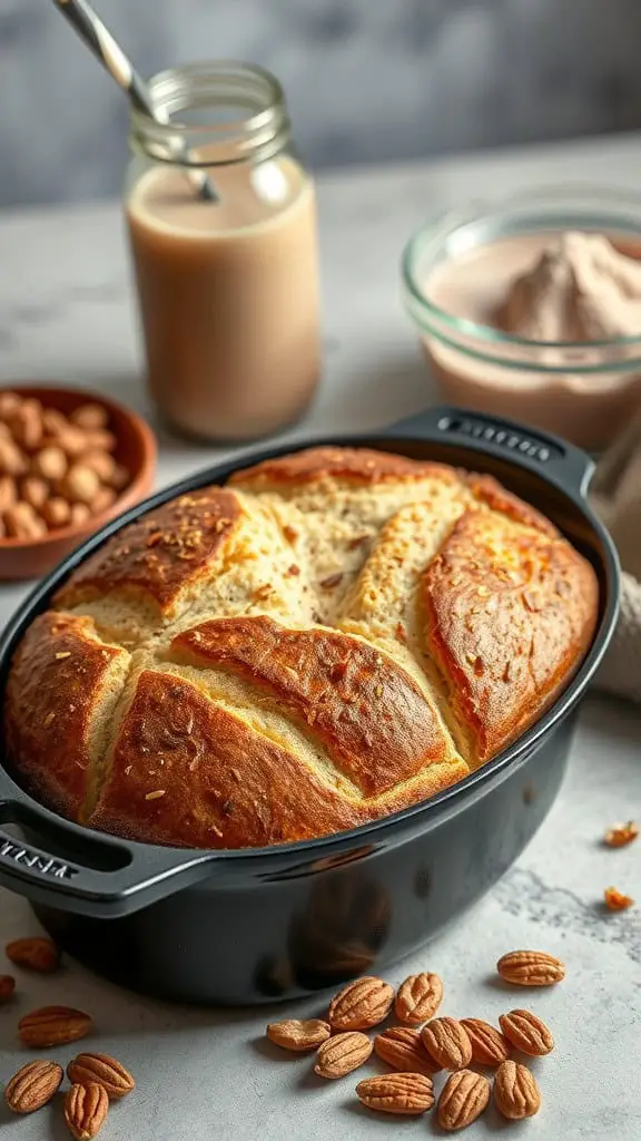 Freshly baked high-protein Dutch oven bread in a black pot, surrounded by almonds and a drink.