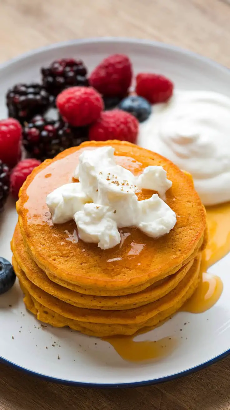 Delicious stack of Pumpkin Cottage Cheese Pancakes topped with whipped cream and served with fresh berries.
