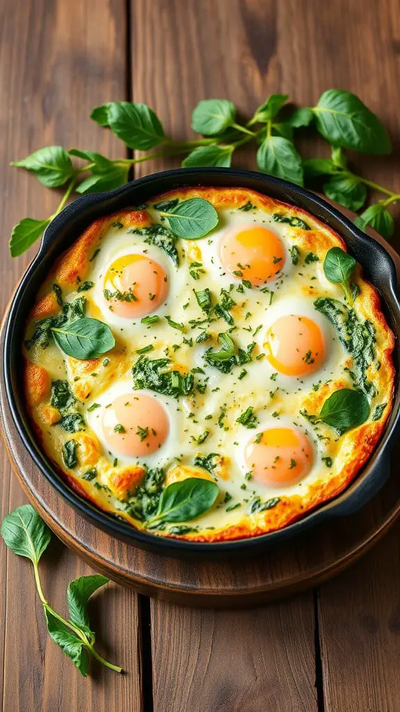 A baked egg dish with spinach and cottage cheese topped with parsley.