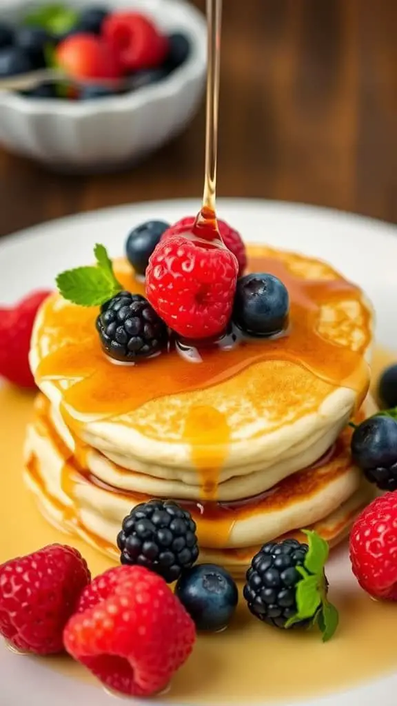 A stack of fluffy pancakes topped with syrup, fresh raspberries, blackberries, and blueberries on a white plate.