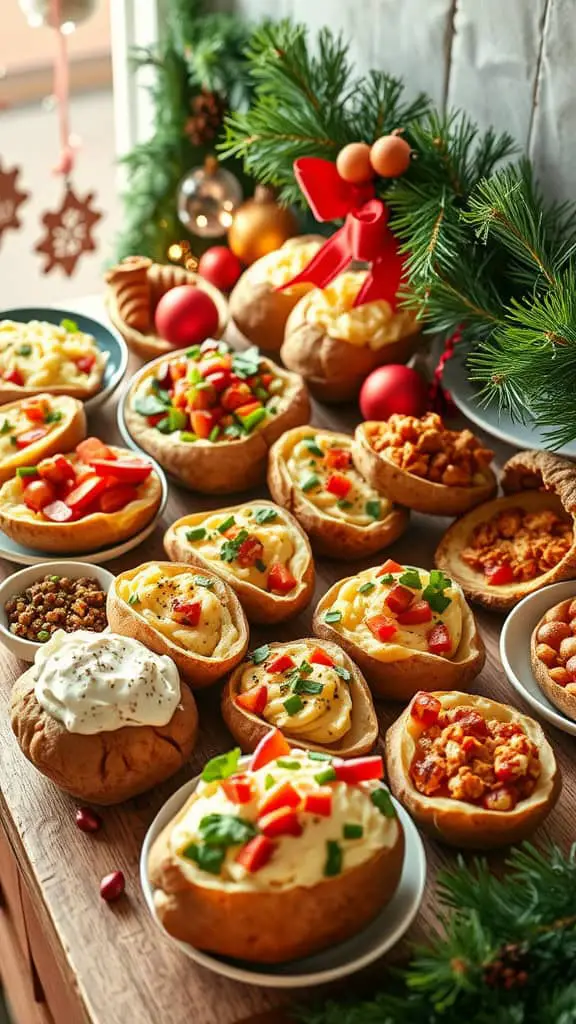 A festive baked potato bar with various toppings and decorations for the holidays.