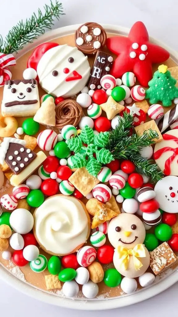 A festive holiday dessert board filled with colorful candies and decorations.